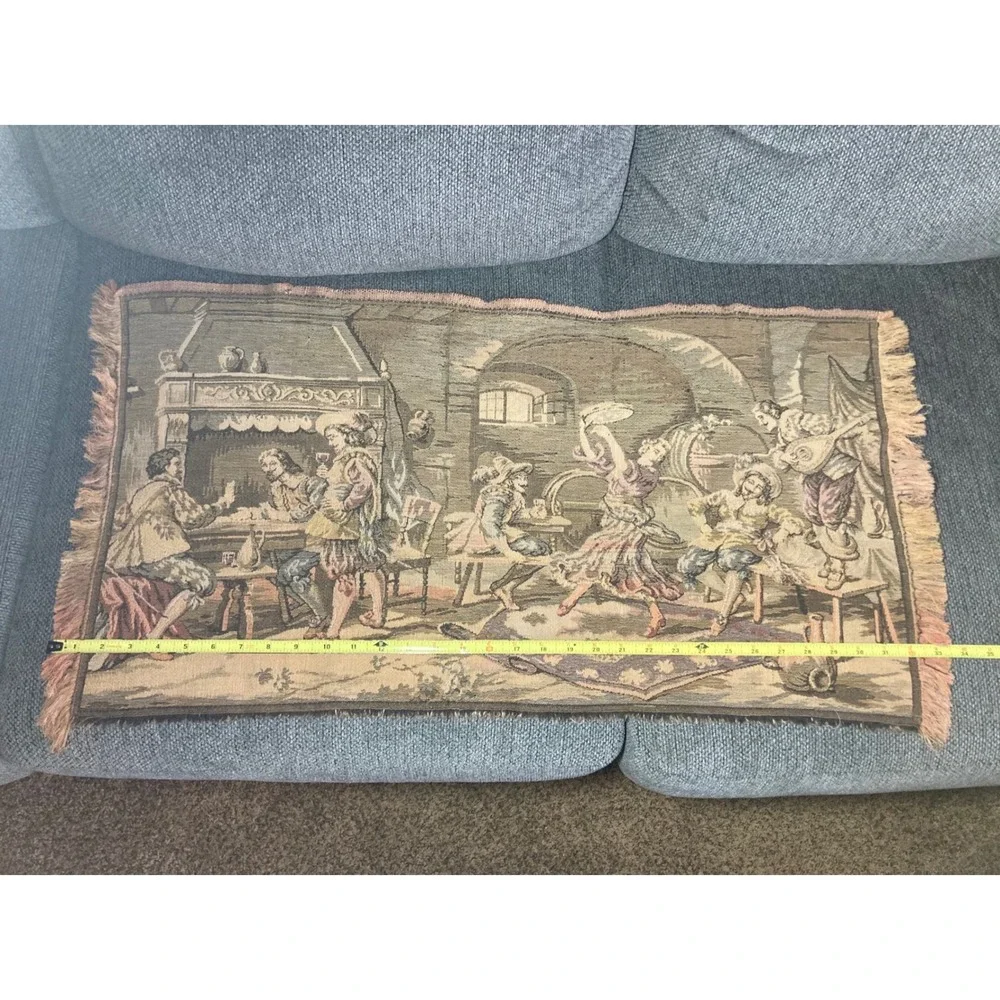 Vtg Woven Tapestry Table Runner Figural Tavern Dance French Belgian‎ Style 36
